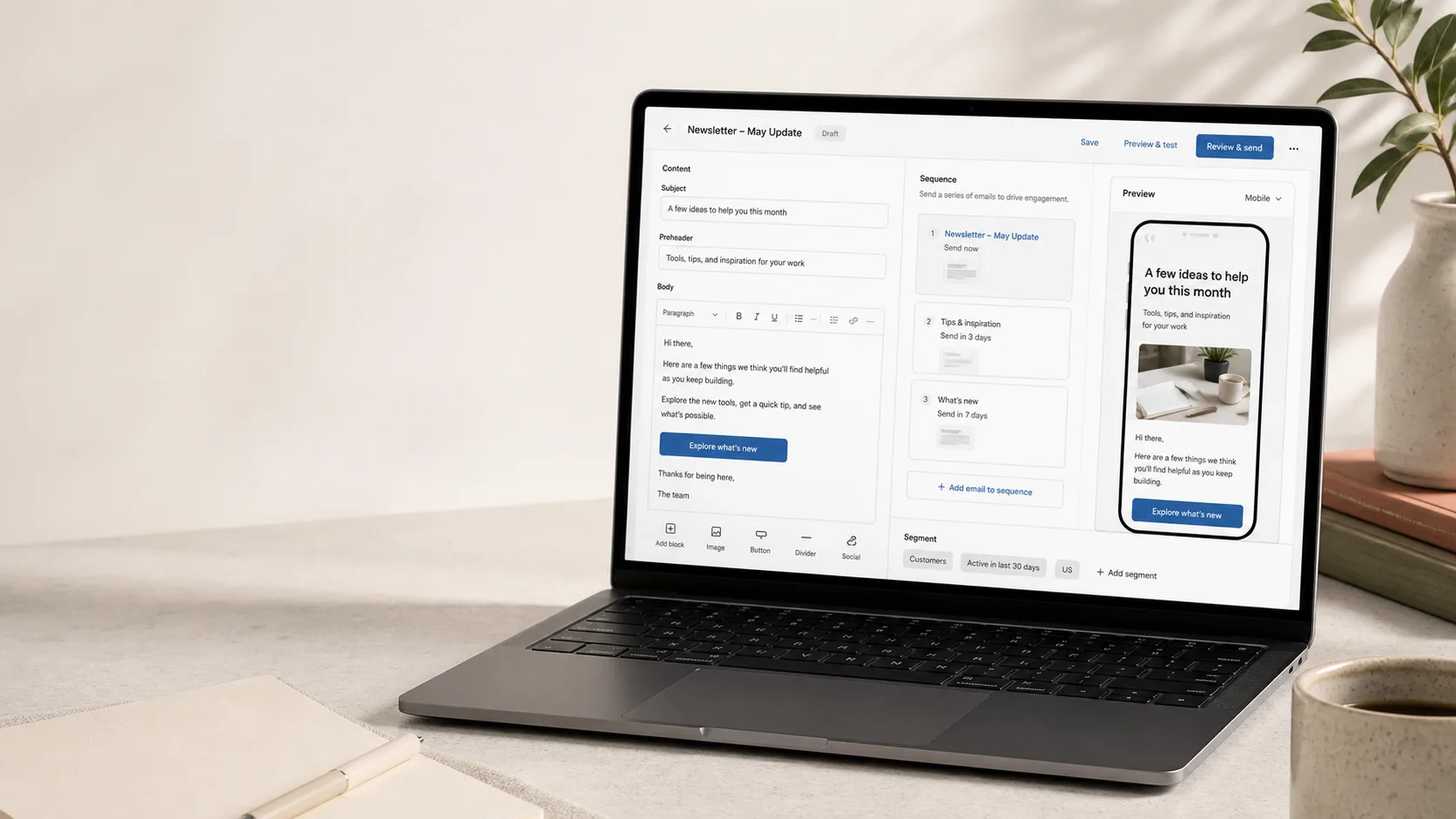 Рабочая сцена: email-рассылка с понятной структурой документа