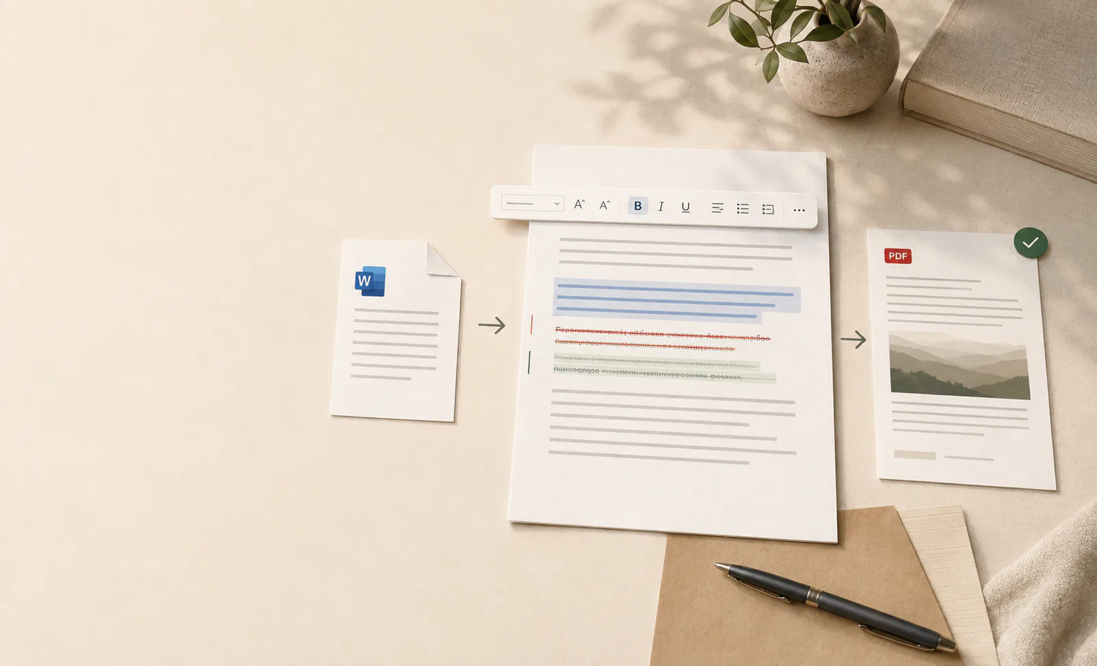 Путь DOCX от загрузки через редактирование текста до готового PDF